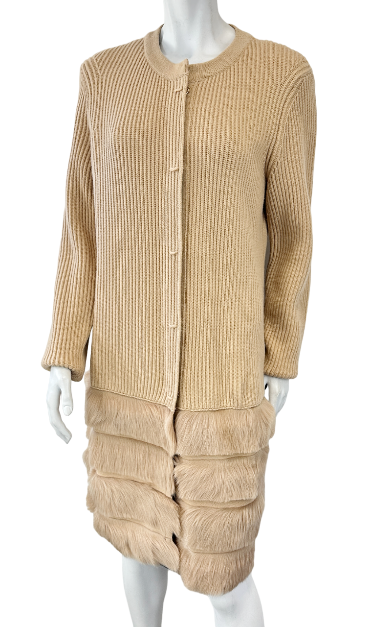 Miniatura: ESCADA Cashmere Knit Lambskin Fur Hem Coat Long Jacket Large Caramel 42 44 L