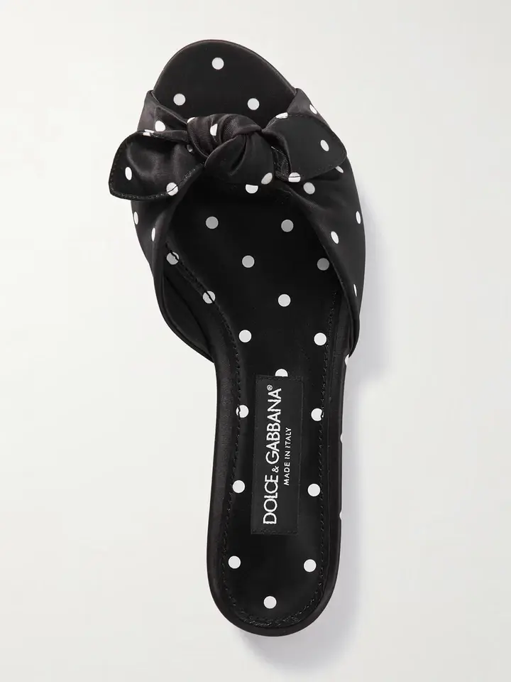 Thumbnail: DOLCE & GABBANA Bianca Bow Embellished Slides 38 Black White Polka Dot Satin NEW