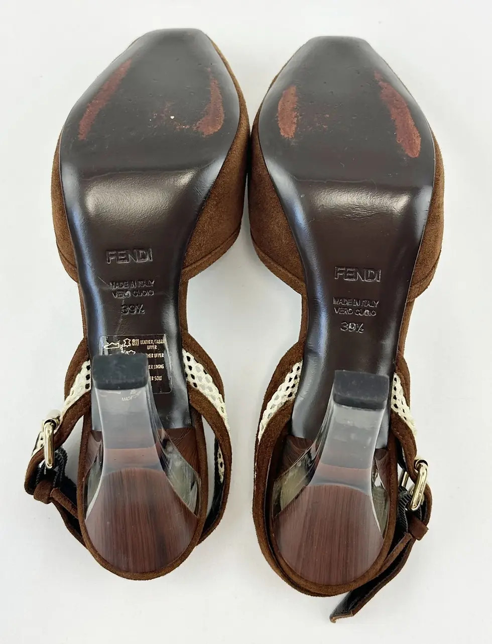 Thumbnail: FENDI Suede Mesh Peep Toe Slingback Pumps 39.5 9.5 US Brown Beige Lucite