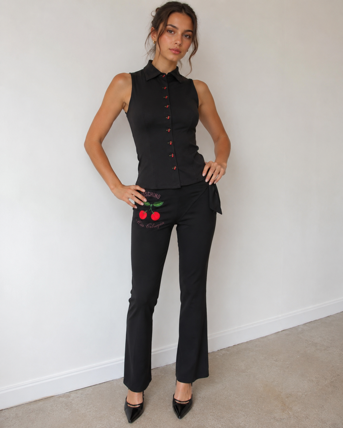 MOSCHINO MARE 2PCS Sleeveless Top Pants Small Black Cherry Buttons Miss Ciliegia