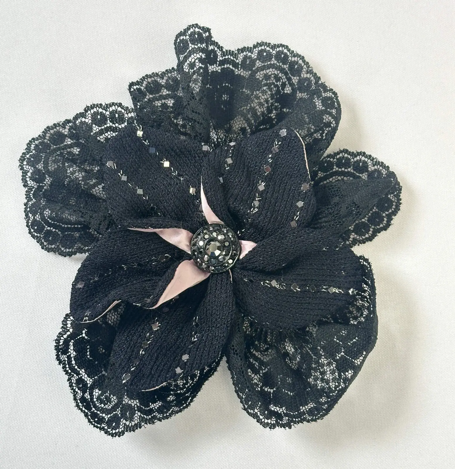 ST. JOHN Flower Lace Pin Brooch Camellia Black Large RARE Wire Flexible