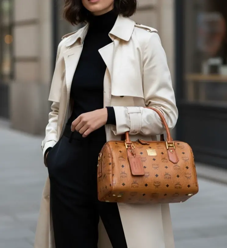 Thumbnail: MCM Visetos Coated Canvas Leather Medium Boston Bag Cognac