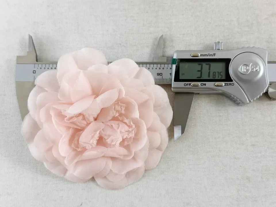 Thumbnail: CHANEL Silk Camellia Flower Pin Brooch Light Pink Signed Classic RARE