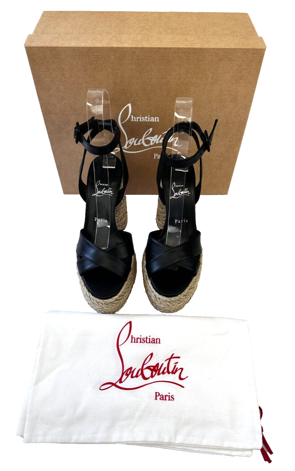 Thumbnail: NEW CHRISTIAN LOUBOUTIN Super Mariza Leather Jute Espadrille Sandals 38 8 Black