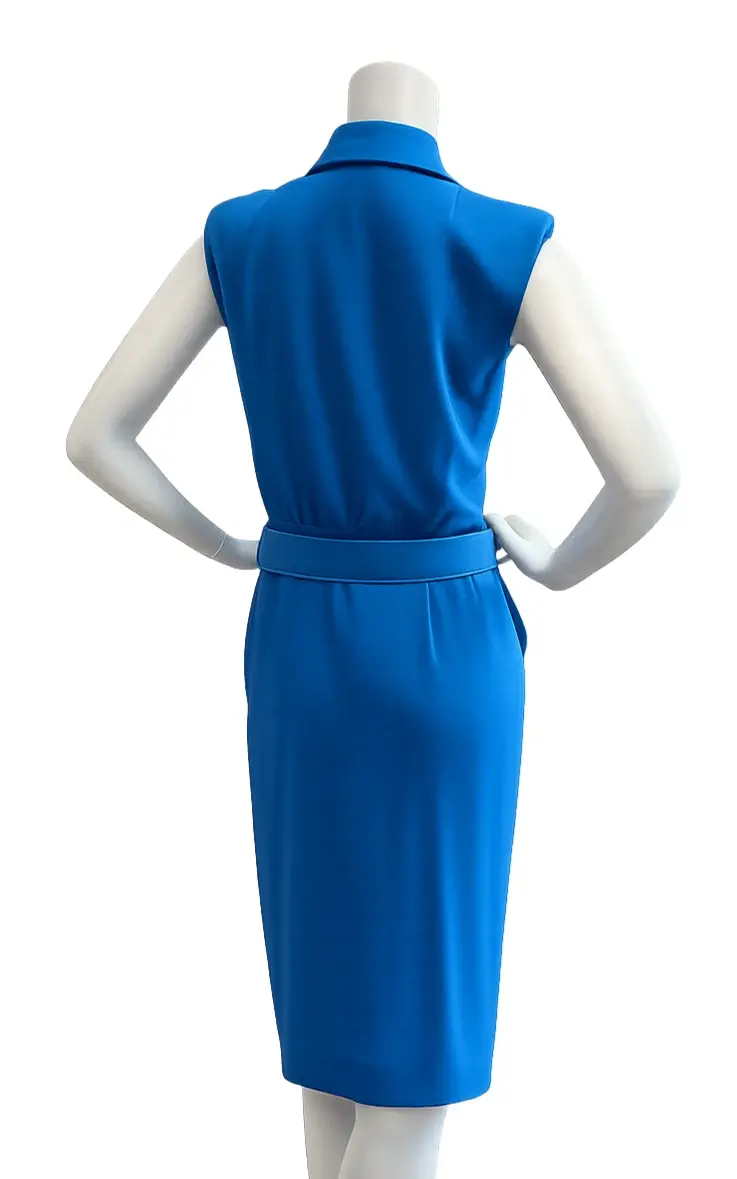 縮圖：AKRIS Blue Wool Collar Dress Blend Silk Lined Side Pockets Sleeveless Belt 8 US