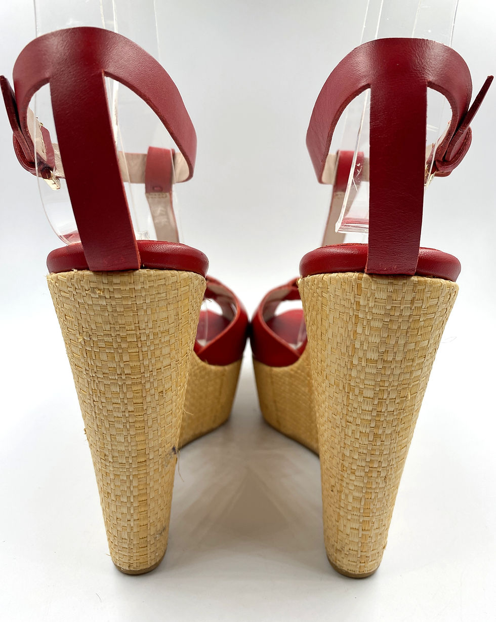 Thumbnail: NEW SALVATORE FERRAGAMO Red Leather T-Strap Platform Wedge Sandals 6.5