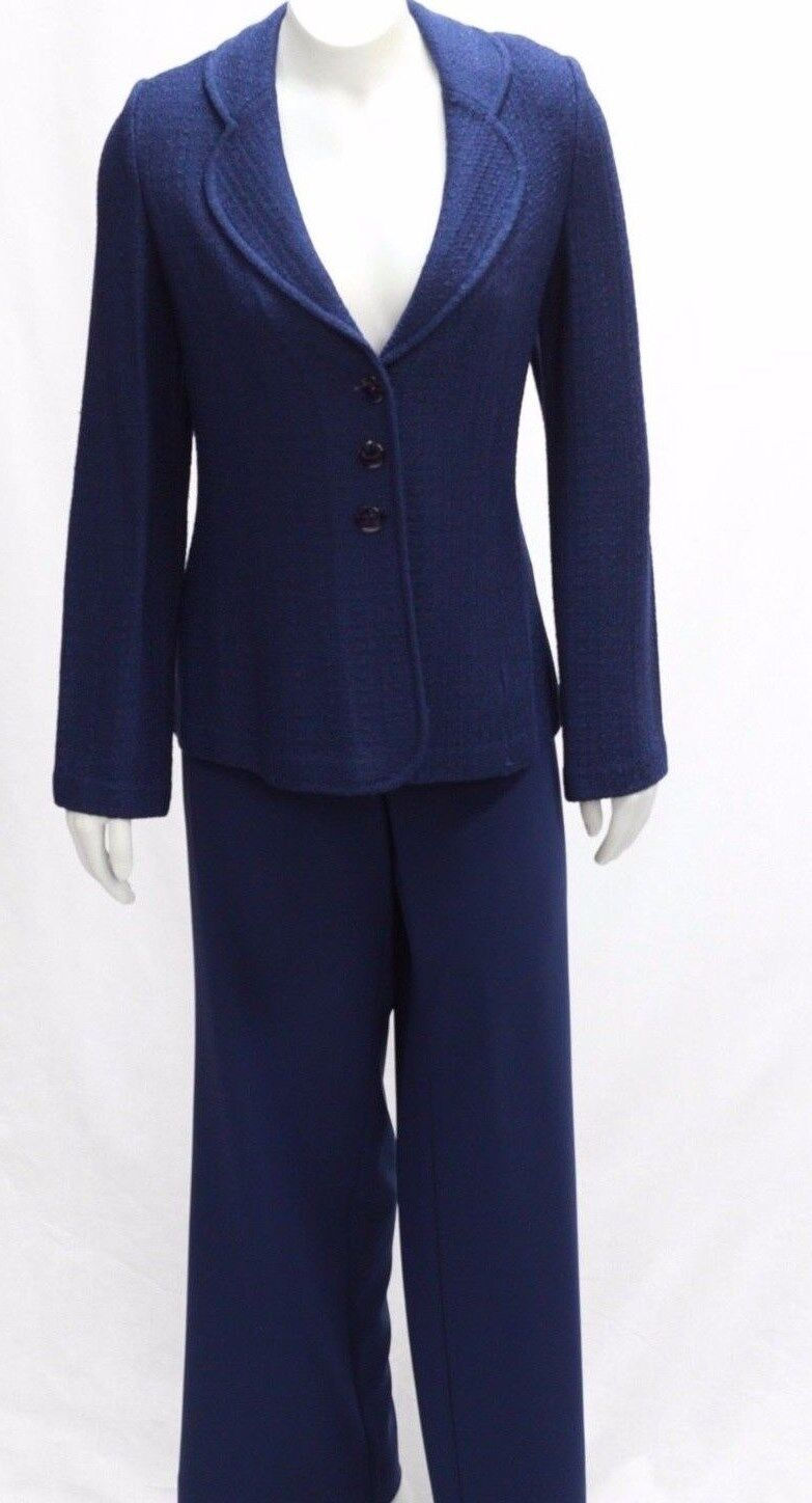 St. John Knits 2pc Navy Blue Tweed Jacket Pants Classic Suit 8 10 Medium