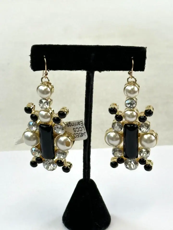 Hình thu nhỏ: ST. JOHN Rhinestone Pearl Dangling Drop Earrings Black 22K Gold Plated Fish Hook