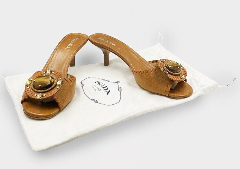 Thumbnail: PRADA Brown 38 8 Leather Tiger Eye Stone Kitten Slide Sandals