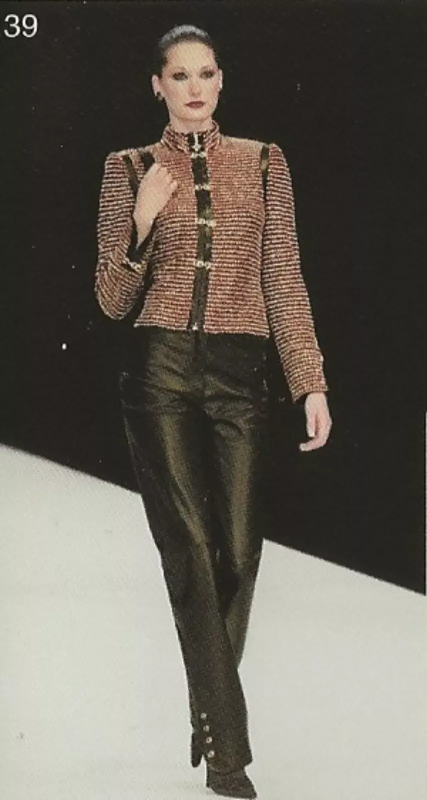 ST. JOHN Collection Knit Leather Trim Jacket 6 Red Brown Tweed Gold Buckle