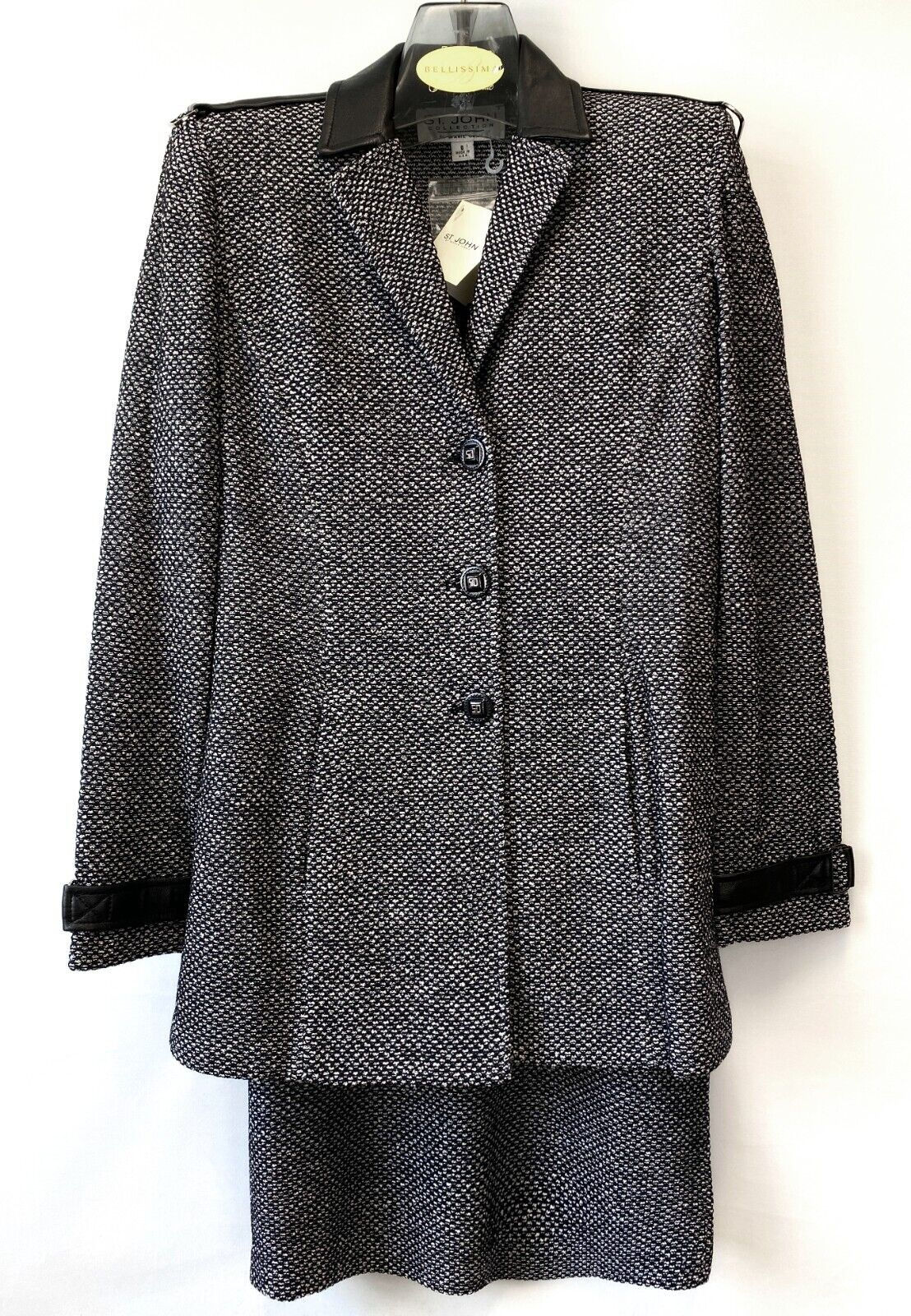 ST. JOHN Tweed Knit Black White Suit Jacket Skirt Blazer 6 8
