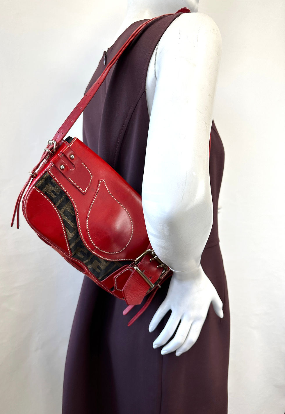 Thumbnail: FENDI Zucca Canvas Red Leather Buckle Medium Shoulder Bag Monogram