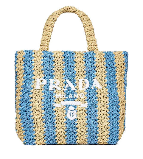 NEW PRADA Small Tan Blue Striped Raffia Logo Tote Bag Naturale