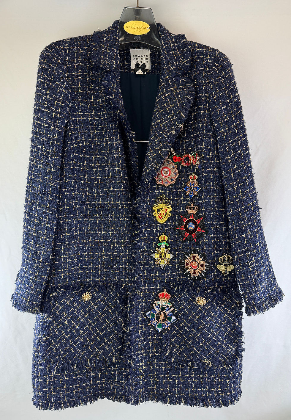 Thumbnail: EDWARD ACHOUR PARIS Tweed Patch Jacket 46 Navy Gold Fringe Pockets Medium