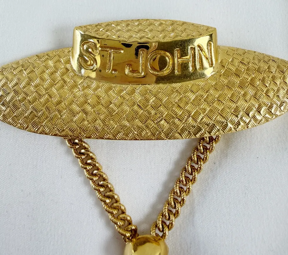 縮圖：NWOT ST. JOHN Brooch Fedora Pin Hat 24 KGP Gold Vintage Collectible 1980"s