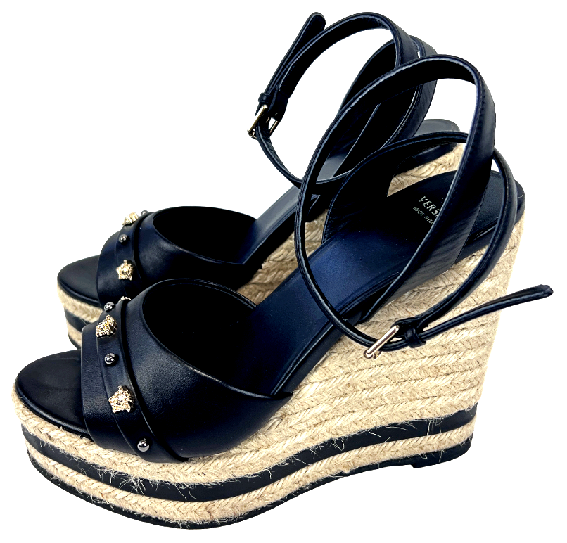 Miniatura: VERSACE Medusa Vitellino Borchie Espadrilles Wedges Platform 37 Black Gold Studs