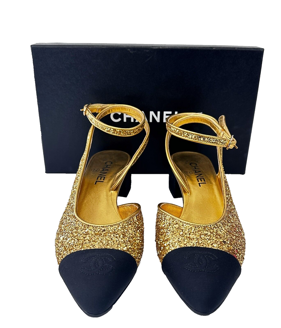 Thumbnail: CHANEL Leather Coarse Glitter Fabric Pumps 39.5 Gold Black CC Cap Toe
