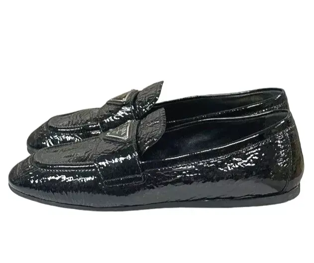 縮圖：PRADA Patent Leather Driving Flat Loafers 35 5 Black Nero Logo Almond Toe Shoes