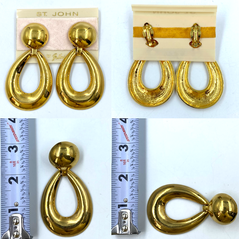 Hình thu nhỏ: ST JOHN Earrings 1980s Gold Signed Teardrop Dangle Clip On 22KGP Large