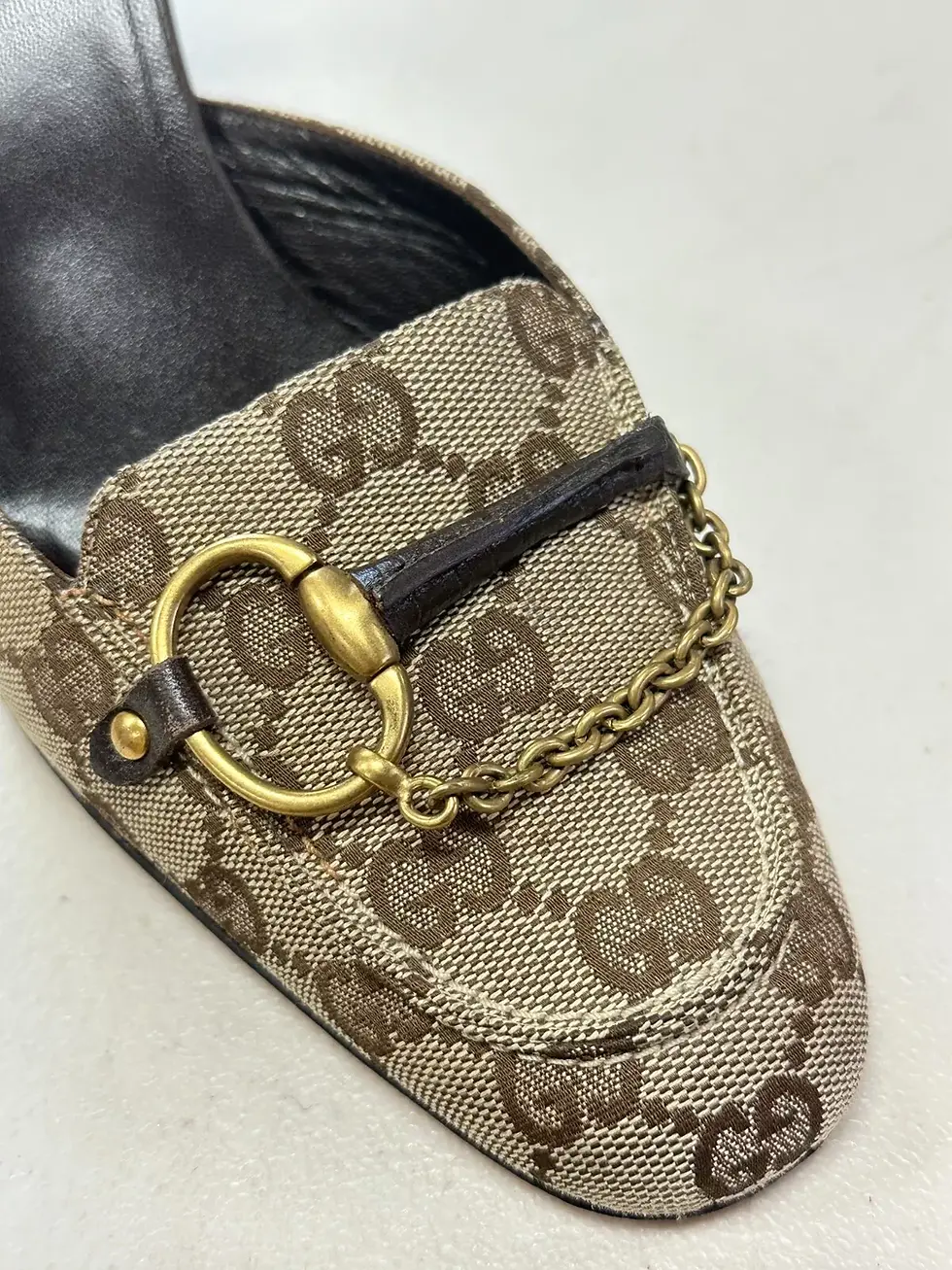 縮圖：GUCCI GG Canvas Leather Horse-Bit Mules 8 Beige Brown Round Toe