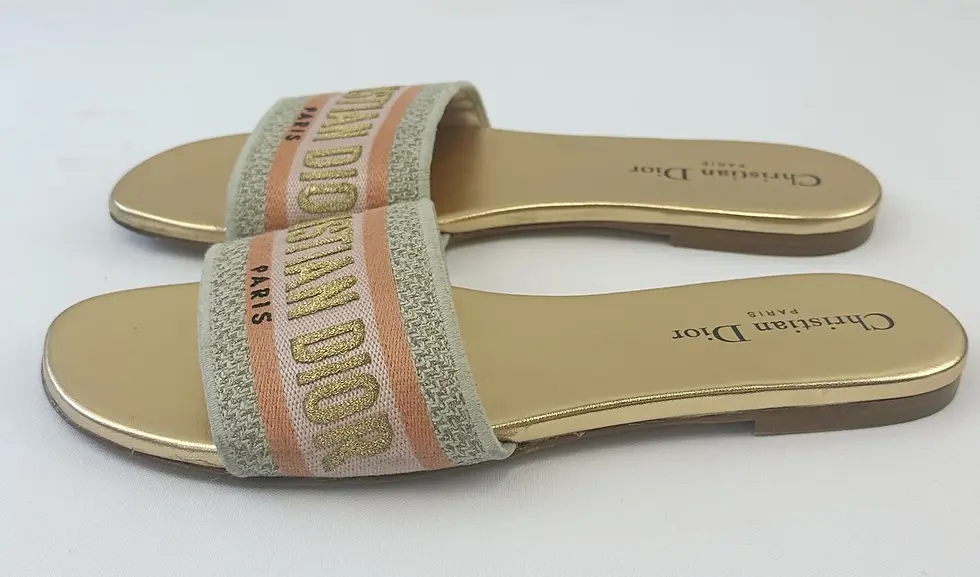 Miniatura: CHRISTIAN DIOR Dway 52K Platinum Slides Sandals 38 Gold Pink Embroidered Logo