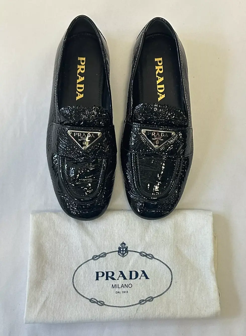 縮圖：PRADA Patent Leather Driving Flat Loafers 35 5 Black Nero Logo Almond Toe Shoes