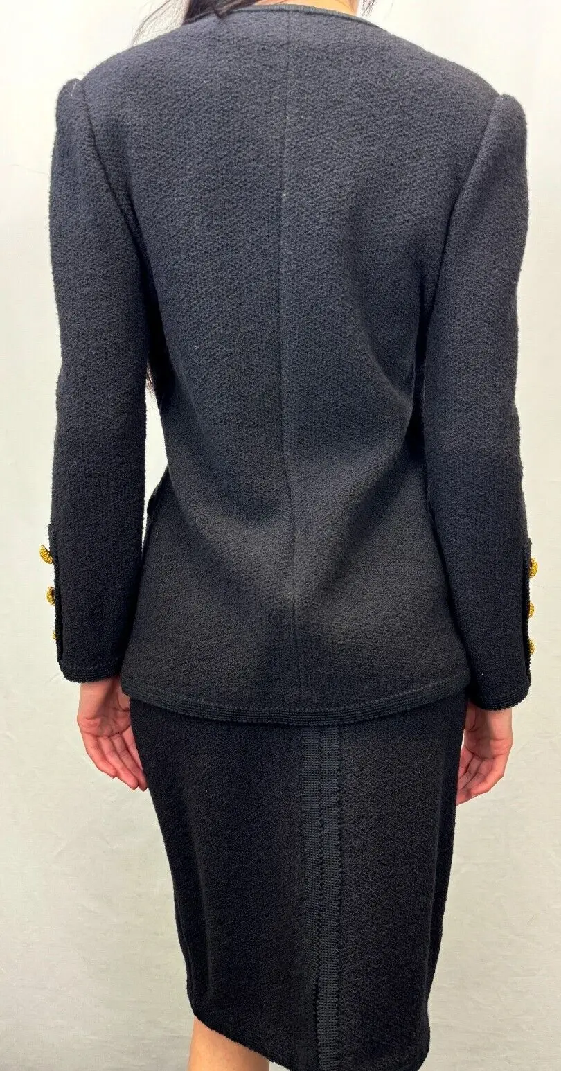Hình thu nhỏ: ADOLFO 2PCS Wool Blazer Skirt Suit S Black Knit Gold Buttons Pockets
