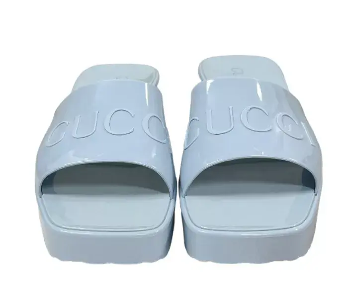 縮圖：GUCCI Women's Block Heel Platform Sandals Light Blue Rubber 37 7 Logo Slide