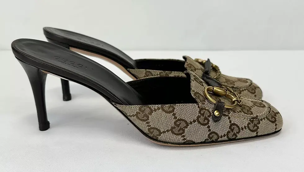 縮圖：GUCCI GG Canvas Leather Horse-Bit Mules 8 Beige Brown Round Toe