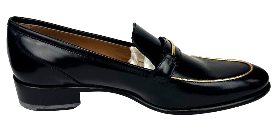 Hình thu nhỏ: SALVATORE FERRAGAMO Reed Leather Loafers 9 Black Gold Trim Round Toe Logo