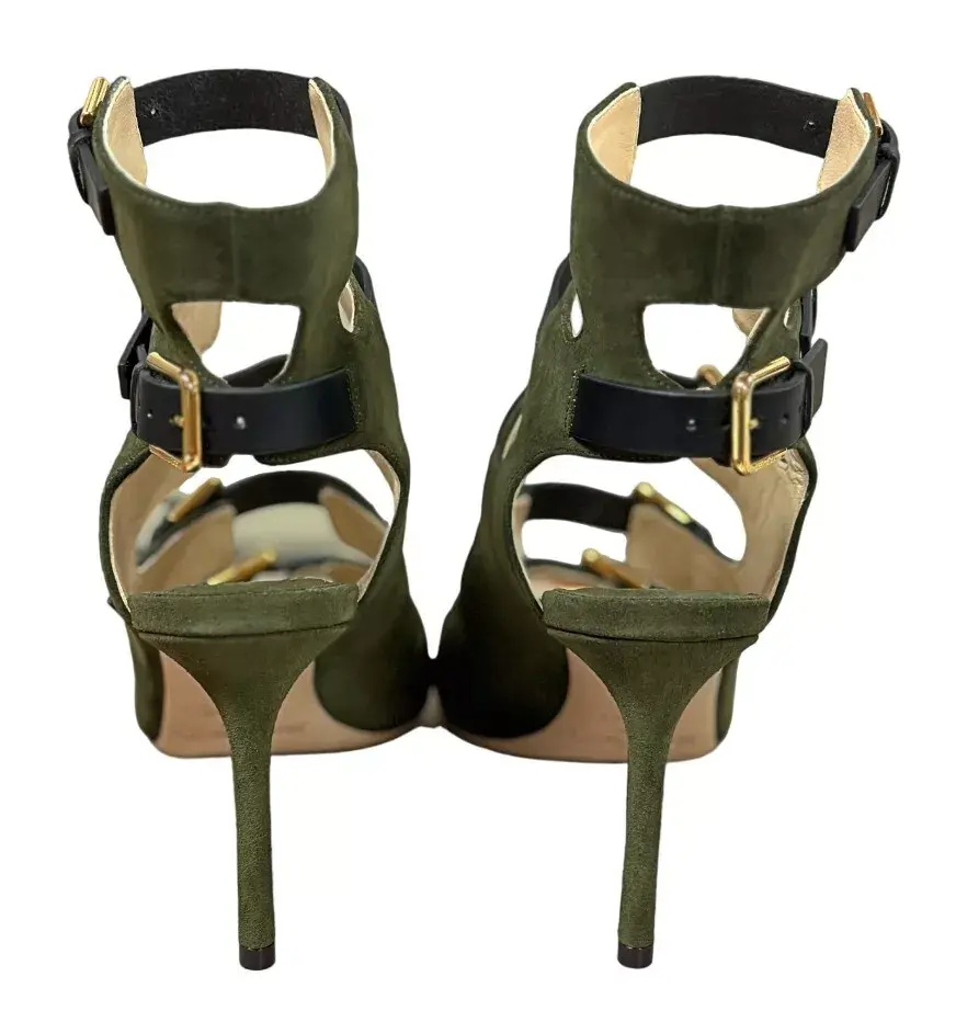 Miniatura: JIMMY CHOO Trick 85 Army Green Black Suede Strappy Sandals 38 Cage Gladiator