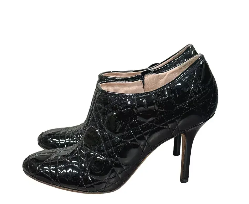 Thumbnail: CHRISTIAN DIOR Cannage Black Patent Leather High Heel Ankle Booties 39.5 9.5