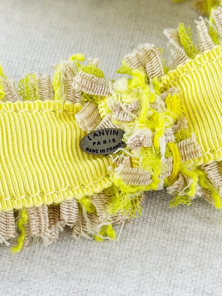 Miniatura: LANVIN Faux Pearl & Tweed Multi-Strand Necklace Yellow Lime Green Chain Signed