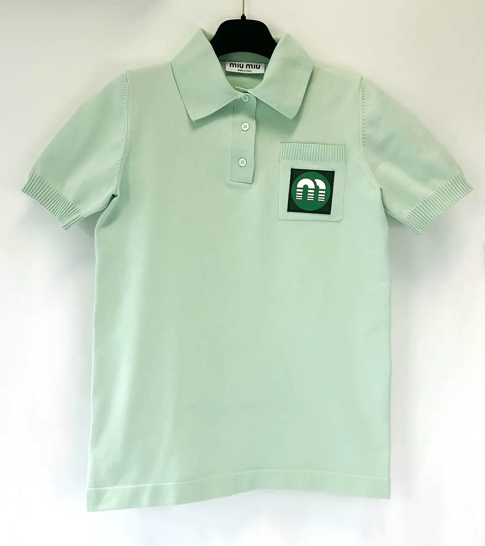 Thumbnail: MIU MIU Cotton Knit Polo Mechanic Top Small Mint Green Applique Patch 2018