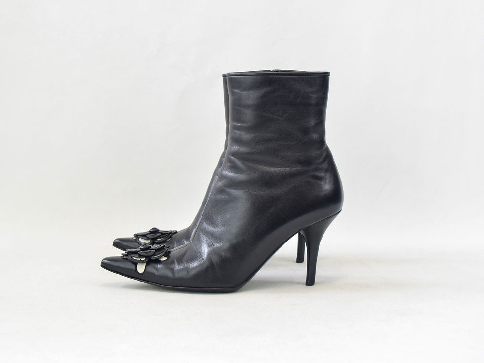 Thumbnail: CHANEL Leather Short Boots 38 Black Camellia Flower Pointed Toe