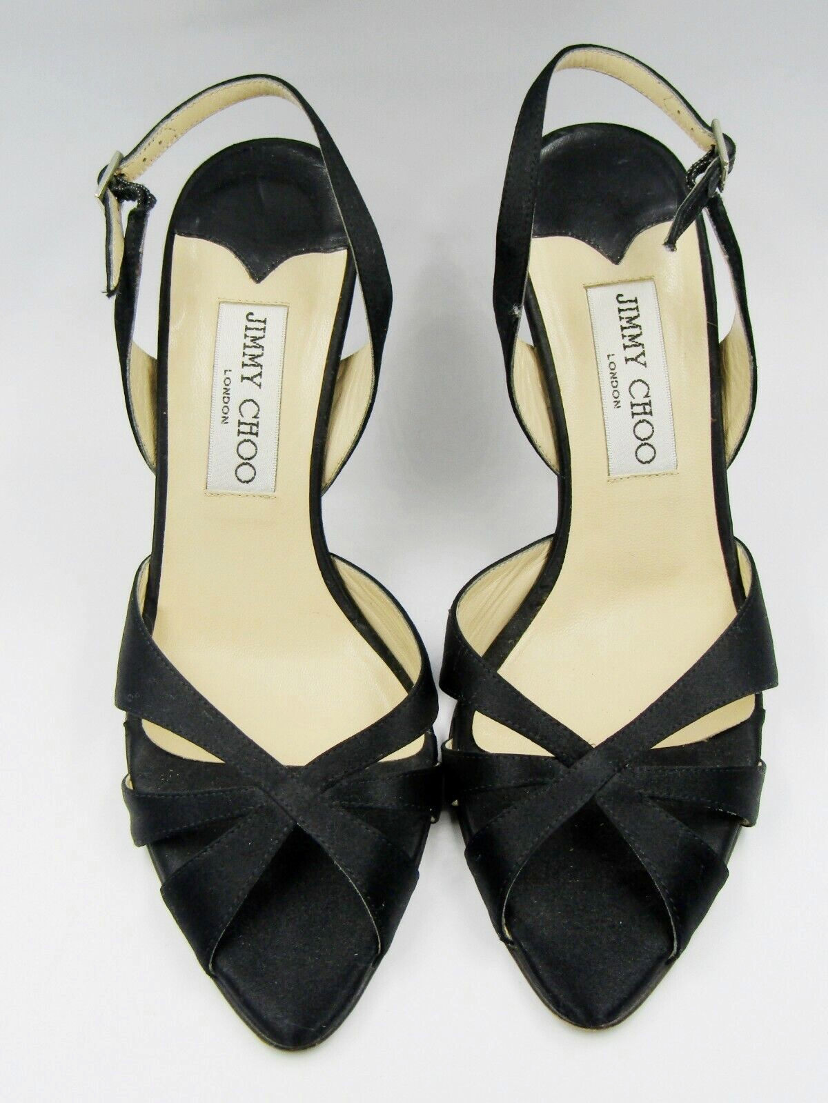JIMMY CHOO Sandals 36.5 6.5 Heels Black Satin Pointed OpenToe Adjustable buckle