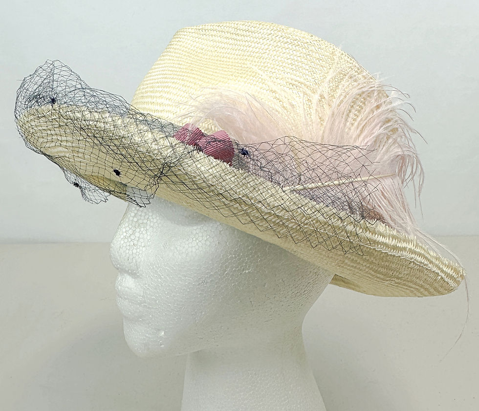 Miniatura: YESTADT MILLINERY Straw Pink Bow Feather Navy Net Fedora Hat RARE