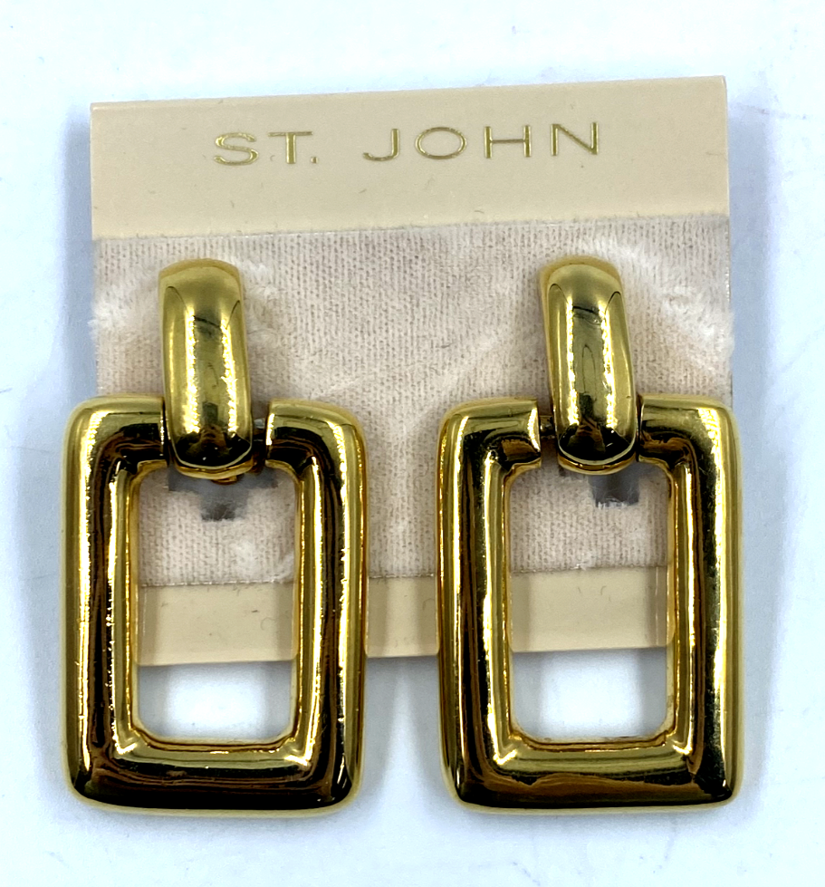 Hình thu nhỏ: Vintage ST JOHN 1980s 22KGP Signed Rectangle Hoop Dangle Clip On Earrings Large