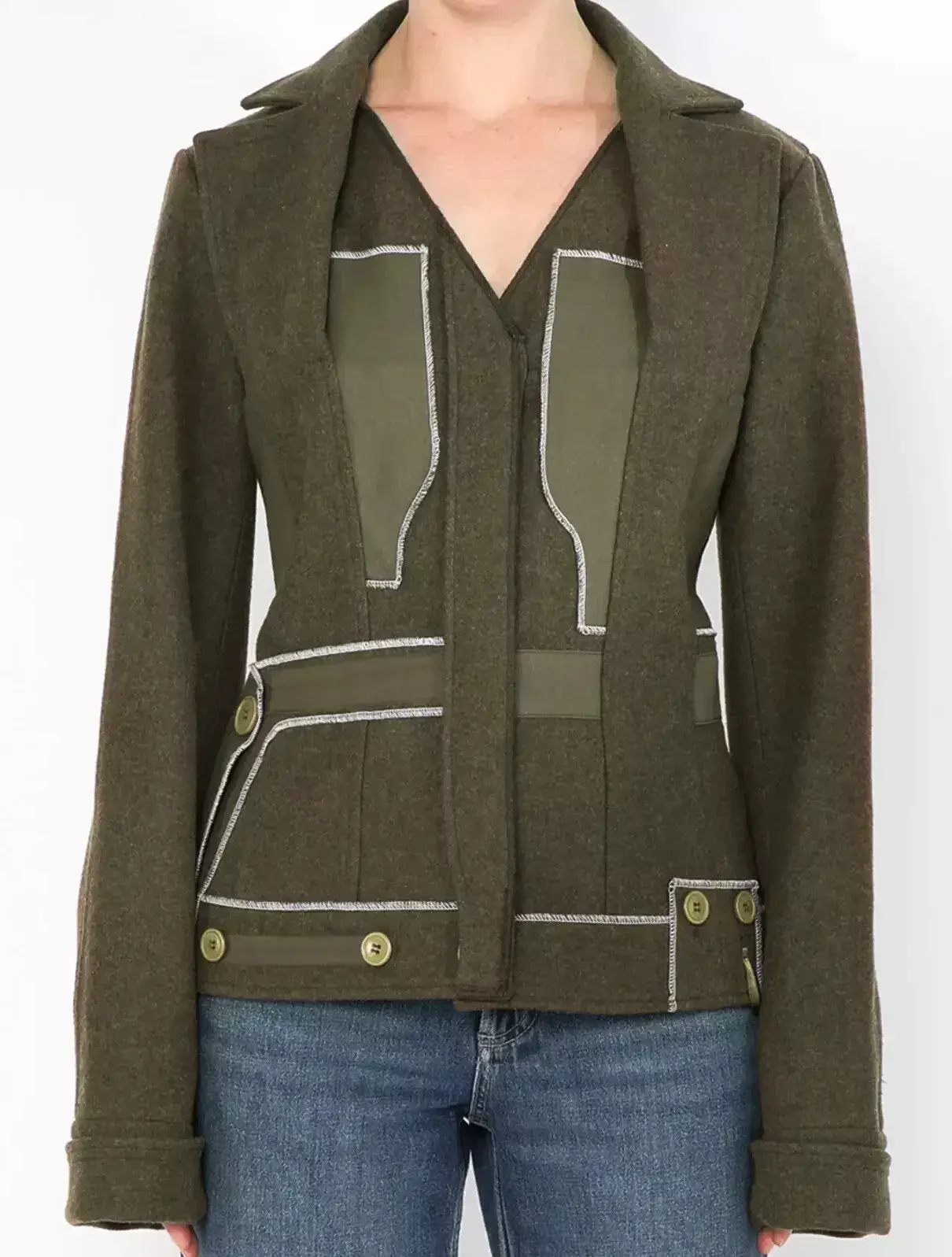 CHRISTIAN DIOR Gaucho 2PCS Wool Jacket Pants 8 Green White Trim 2006