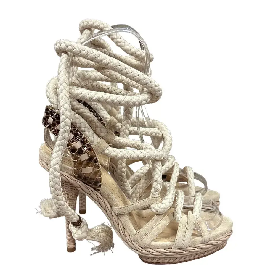 Miniatura: CHRISTIAN DIOR Beige Tahiti Suede Lizard Leather Rope Lace Up Sandals 37.5 7.5