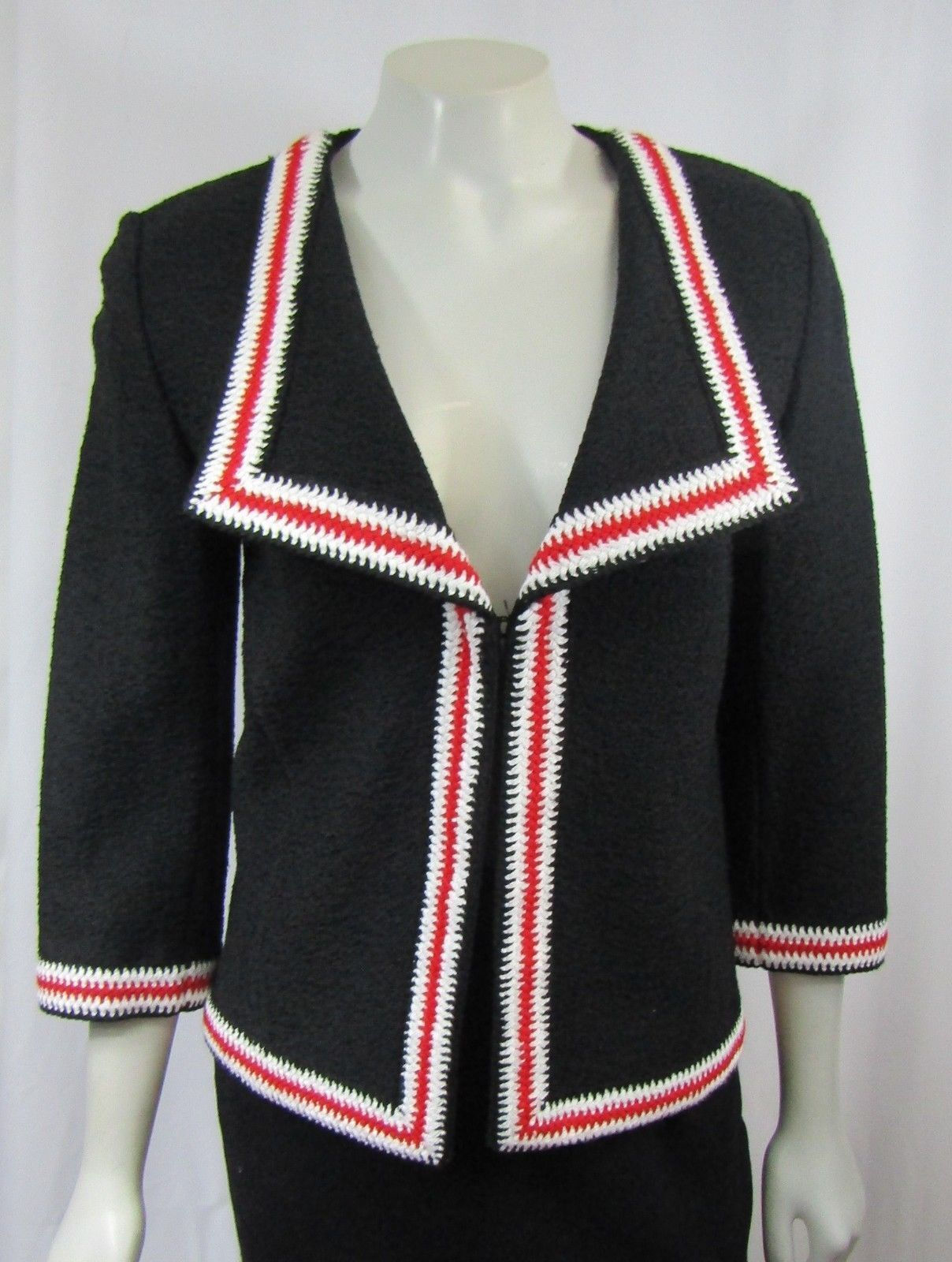 ST. JOHN Black Relaxed Open Front Striped Trim Jacket 4 Small