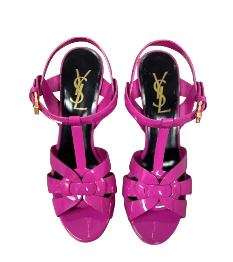 YSL SAINT LAURENT Hot Pink Patent Tribute 100 T-Strap