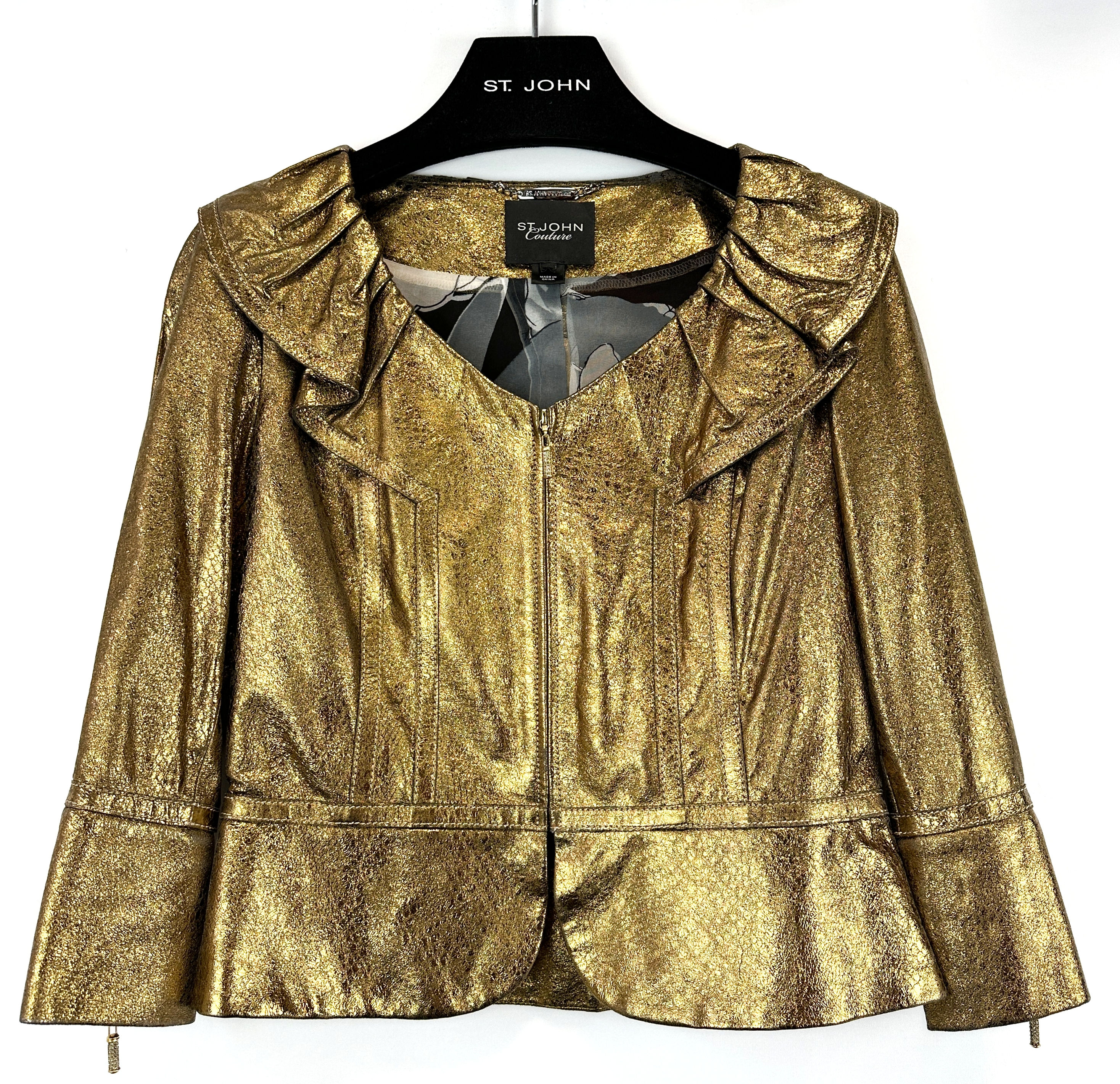 ST. JOHN Couture Gold Leather Metallic Ruffle Jacket Size 2 or 4