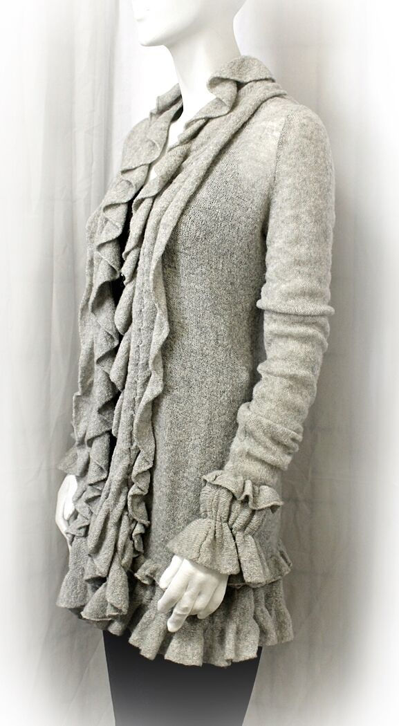 Thumbnail: NEW CASMARI CARDIGAN GRAY WRAP RUFFLED SWEATER CASHMERE LONG SLEEVE 1 RARE