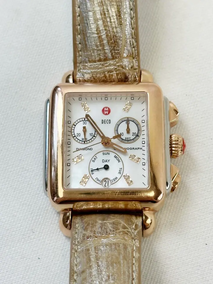 縮圖：MICHELE Deco Stainless Steel Diamond Watch 18 Rose Gold Metallic Alligator Band