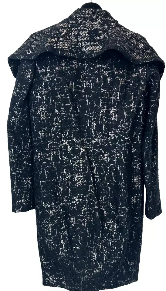 縮圖：NWT DONNA KAREN Cracked Metallic Lame Brocade Black Wool Blend Midi Coat S Small