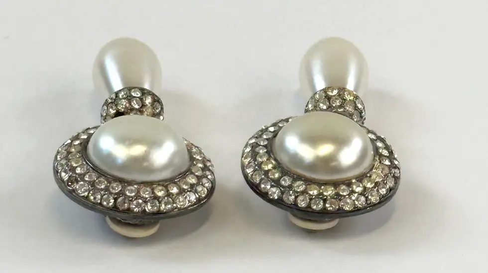 Thumbnail: ST. JOHN Signed Silver Clear Rhinestone Pearl Drop Earrings 1980's Clip Vintage