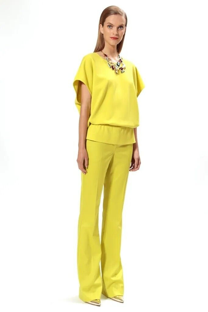 ST. JOHN Wool Rayon Knit Top Small Chartreuse Oversized Cinch Waist Resort 2014