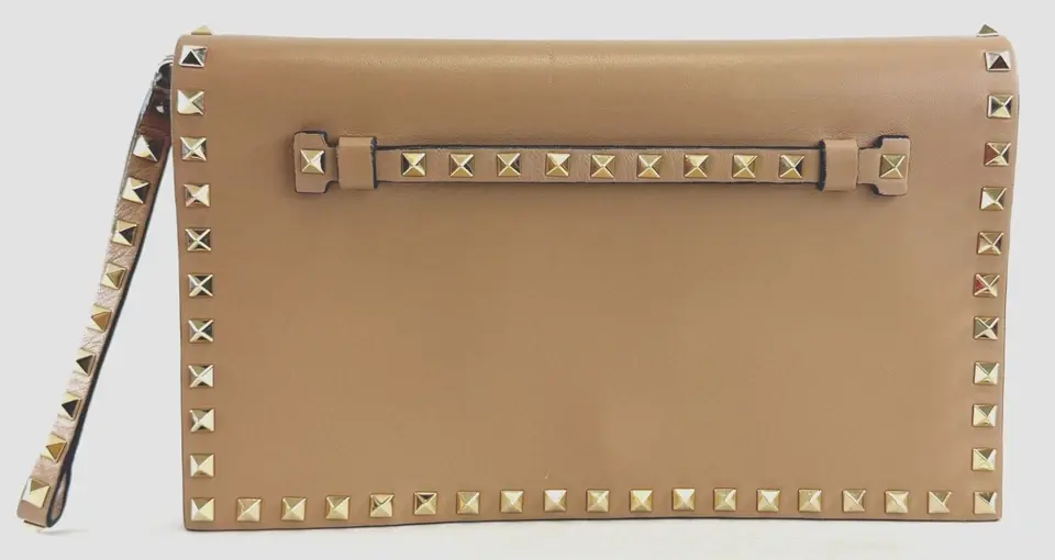 Thumbnail: VALENTINO GARAVANI Rock-stud Clutch Foldover Wristlet Beige Red Interior Large