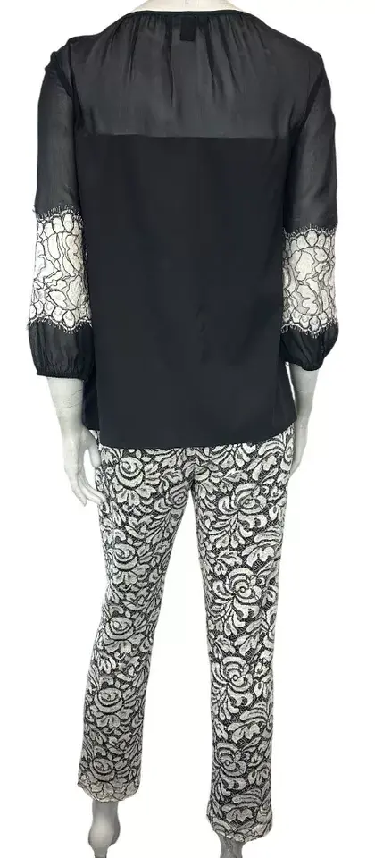 Miniatura: ST. JOHN 2PS Lace Blouse Pants Set 4 Black Caviar Knit Cream Pearl Buttons Small